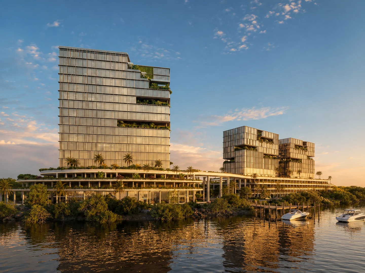 Render aéreo del complejo AXIS Business Hub con vista al Río Daule, mostrando la disposición de las torres y el parque central.