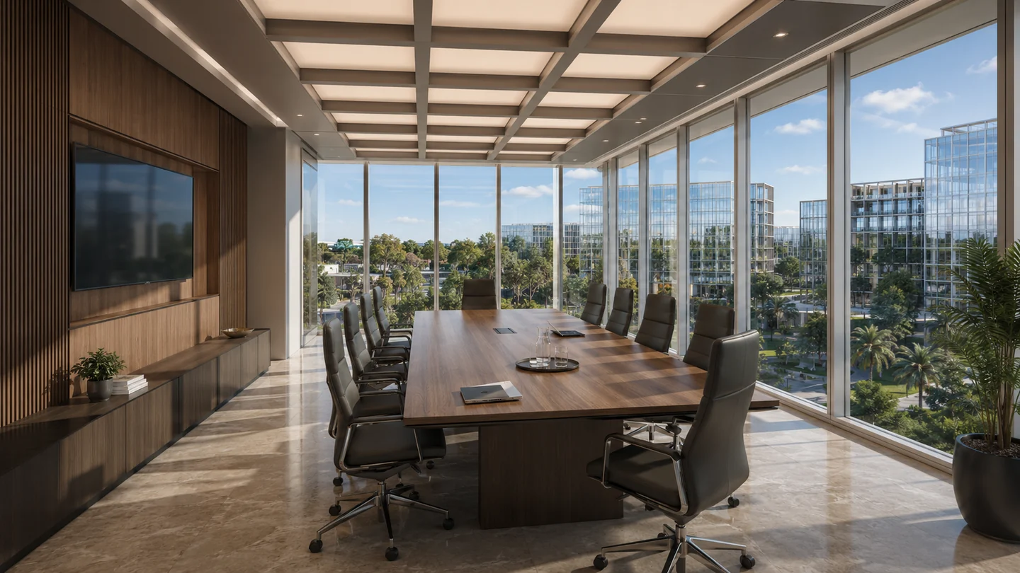 Sala de reuniones ejecutiva del piso 2 de AXIS con mesa de madera, sillas corporativas y ventanal con vista al parque.